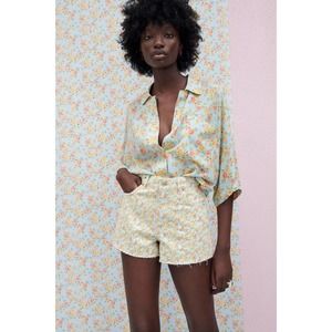 Zara XSmall Floral Print Shirt, Sky Blue, Cottagecore